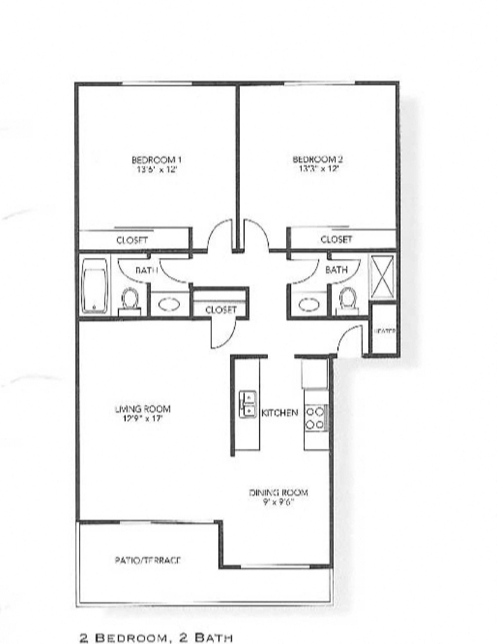 2 Bedroom floor plan for Sylvan Square Apartments